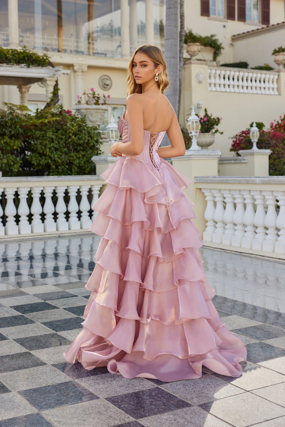 Jess Dusty Rose Organza Tiered Ballgown