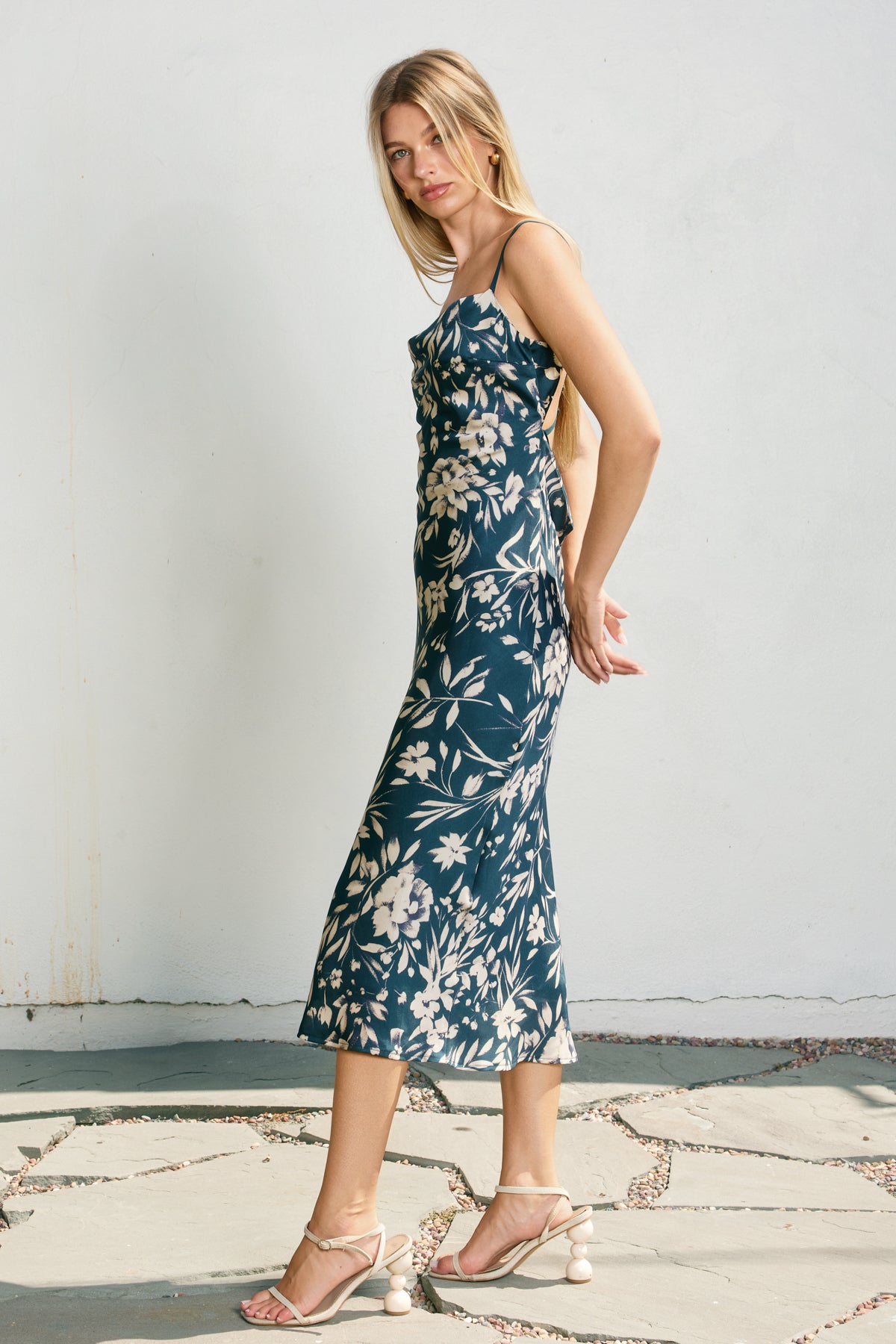 Floral Cowl Neck X Back Midi Dress
