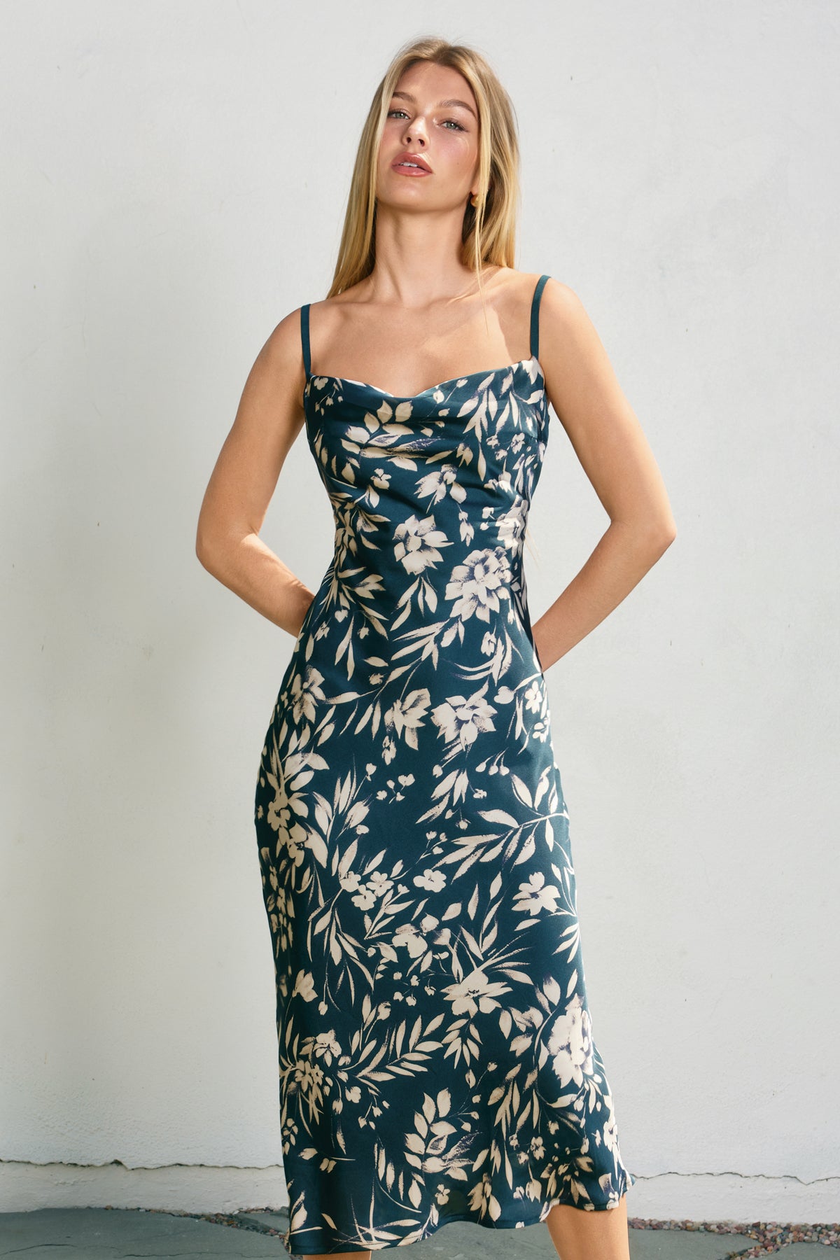 Floral Cowl Neck X Back Midi Dress