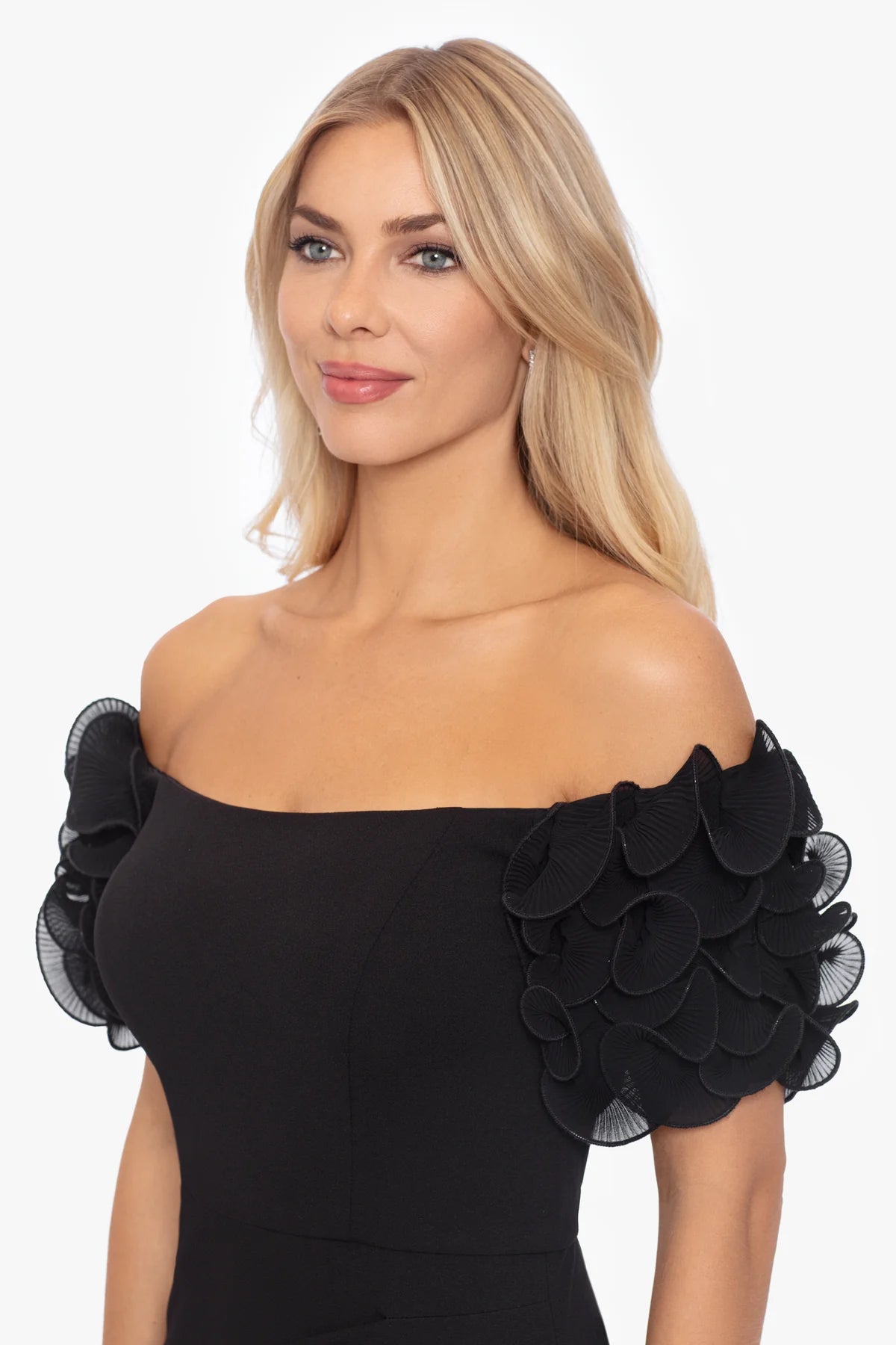 Long Scuba Crepe Off the Shoulder Wire Flower Gown