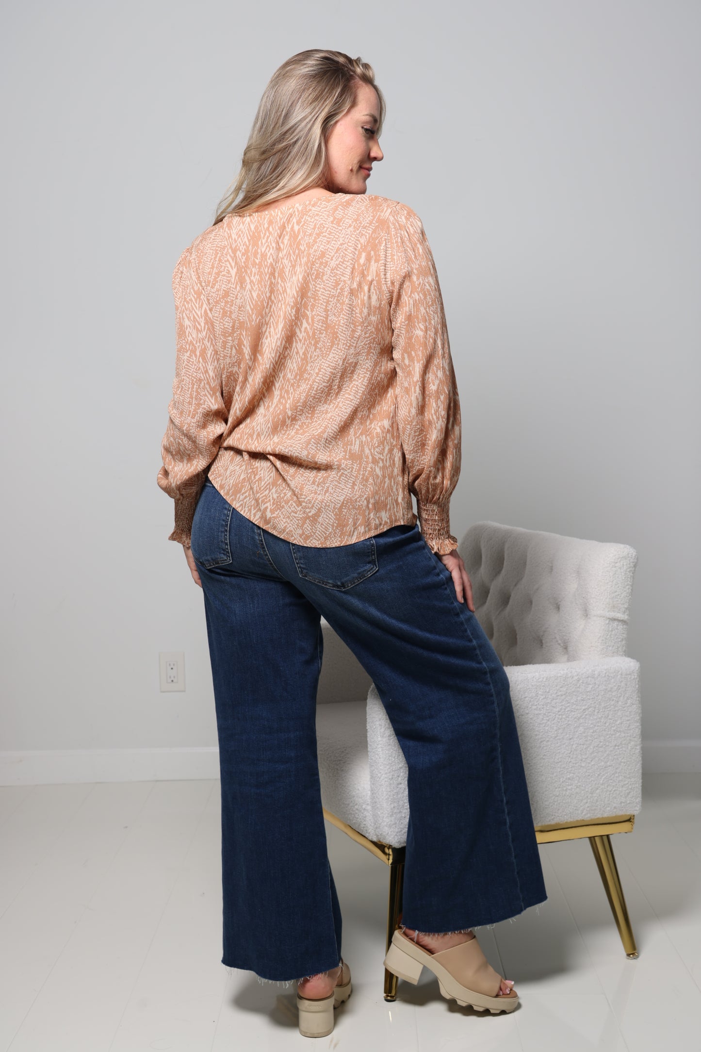 Printed Top with Smocked Sleeves