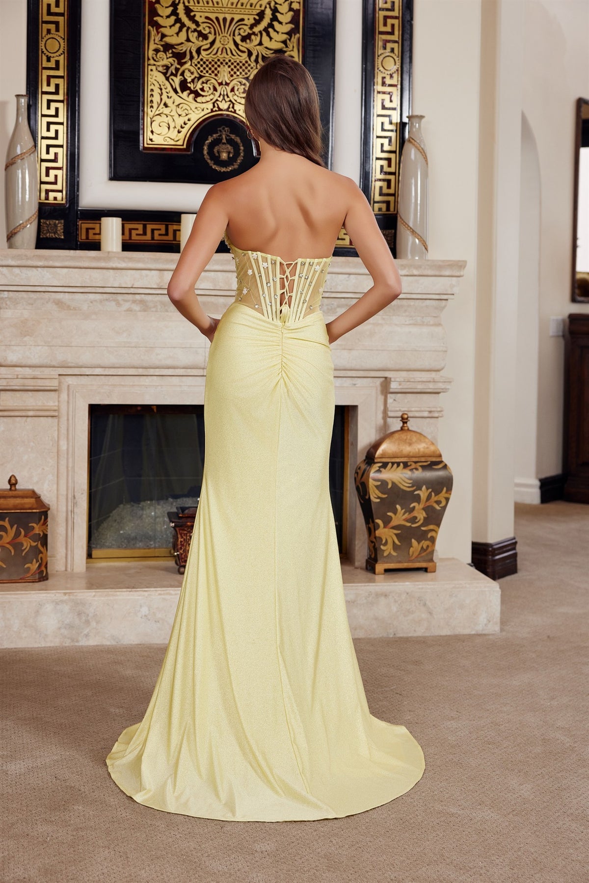 Odessa Lemon Beaded Sweetheart Prom Dress