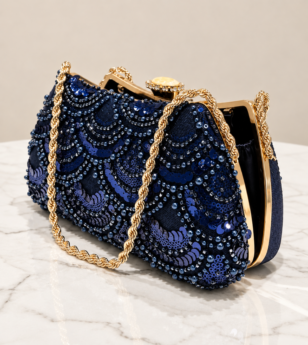 Navy Sequin Beaded Purse