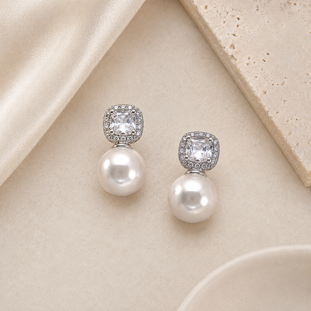 White Pearl CZ Round Earring