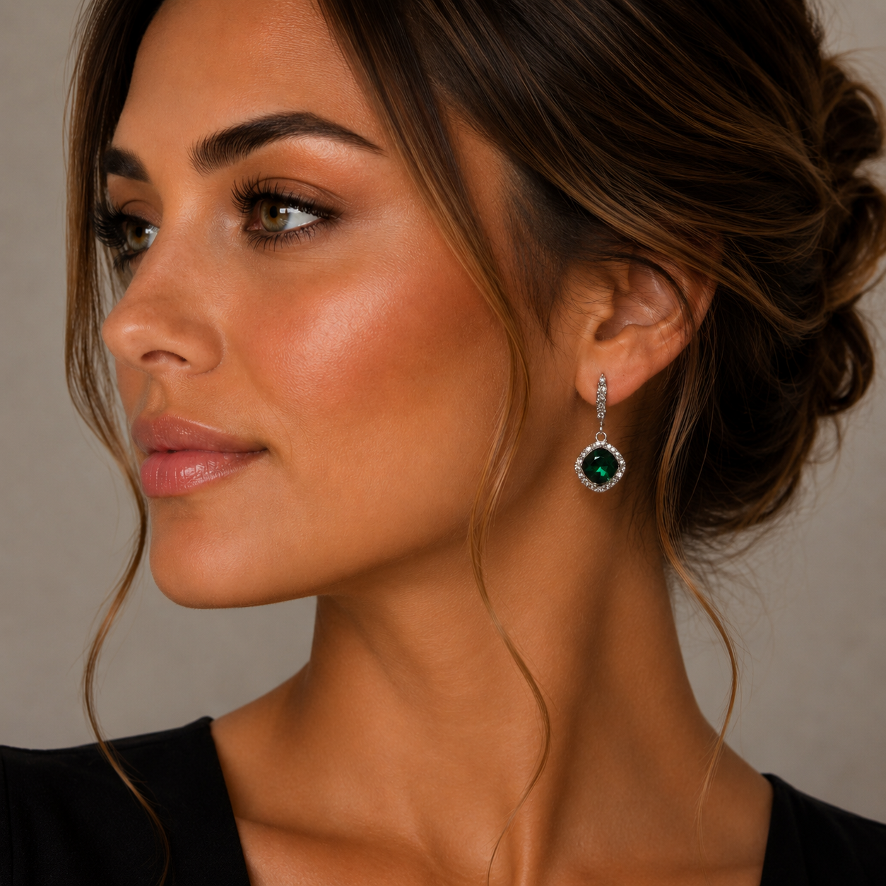 Square Drop Crystal Earring - Emerald/Silver