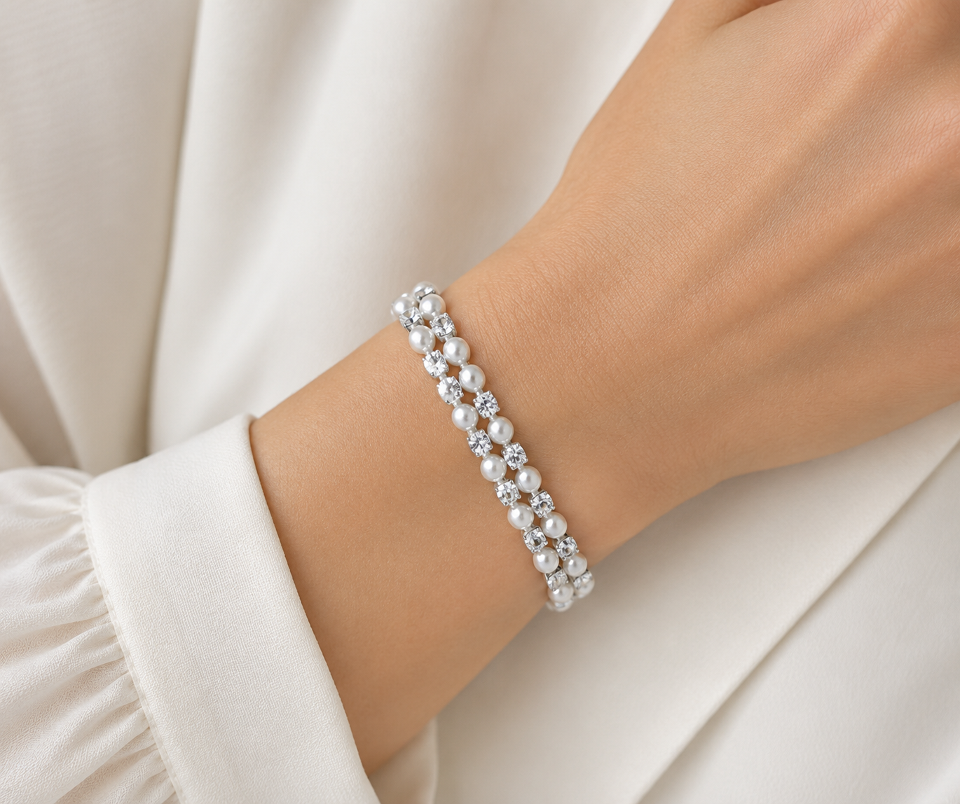 Double Wraparound Coil Rhinestone and Pearl Bracelet