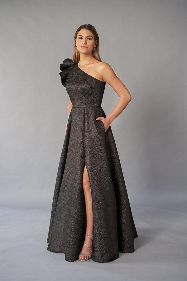 Dramatic Metallic Jacquard Ball Gown with Ruffle Shoulder Detail and Pockets-999 FORMAL - MOB-FORMAL SOCIETY