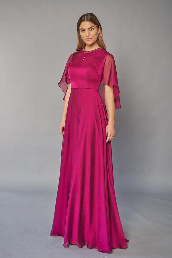 Elegant Chiffon A-line Gown with Hand-Beaded Jewel Neckline and Flowing Caplet-999 FORMAL - MOB-FORMAL SOCIETY