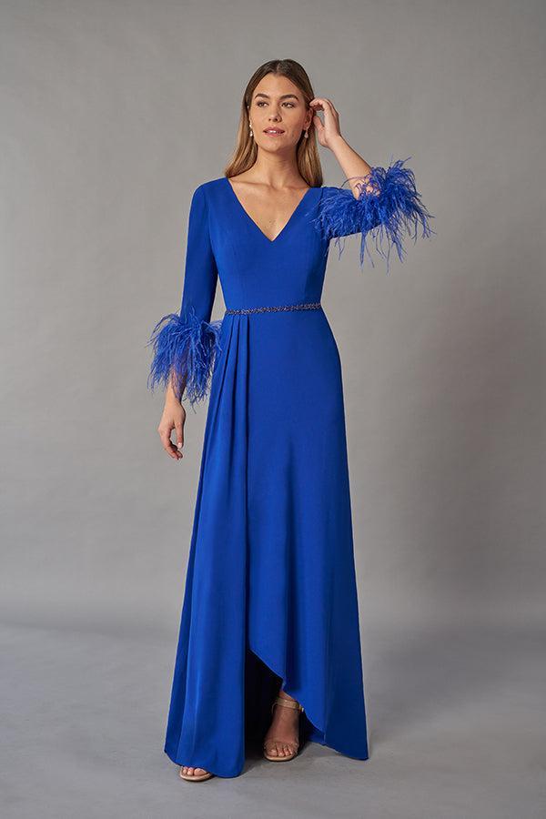 Exciting Soft Stretch Crepe A-line Gown with Feather Sleeves and High-Low Hemline-999 FORMAL - MOB-FORMAL SOCIETY
