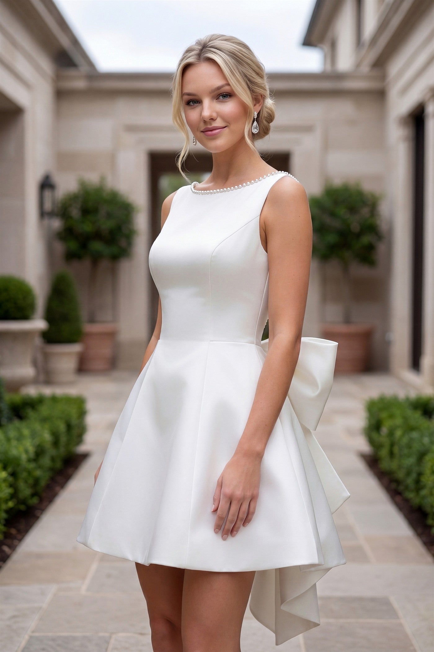 Sleeveless Bow Accent Back Mini A Line Satin Dress