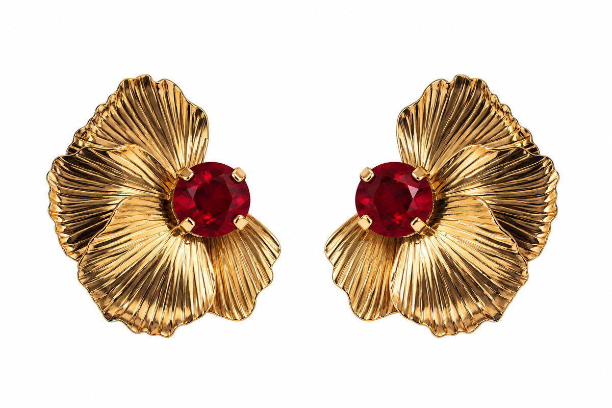 Gold/Red Rhinestone Floral Earring