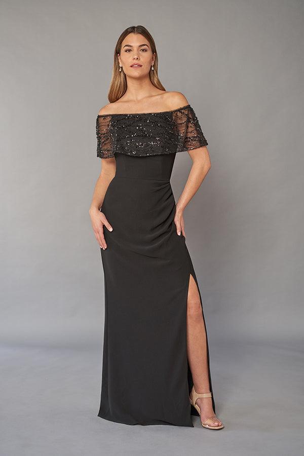 Impressive Sequin Lace and Soft Crepe Gown with Sparkly Portrait Neckline and Slimming Skirt-999 FORMAL - MOB-FORMAL SOCIETY