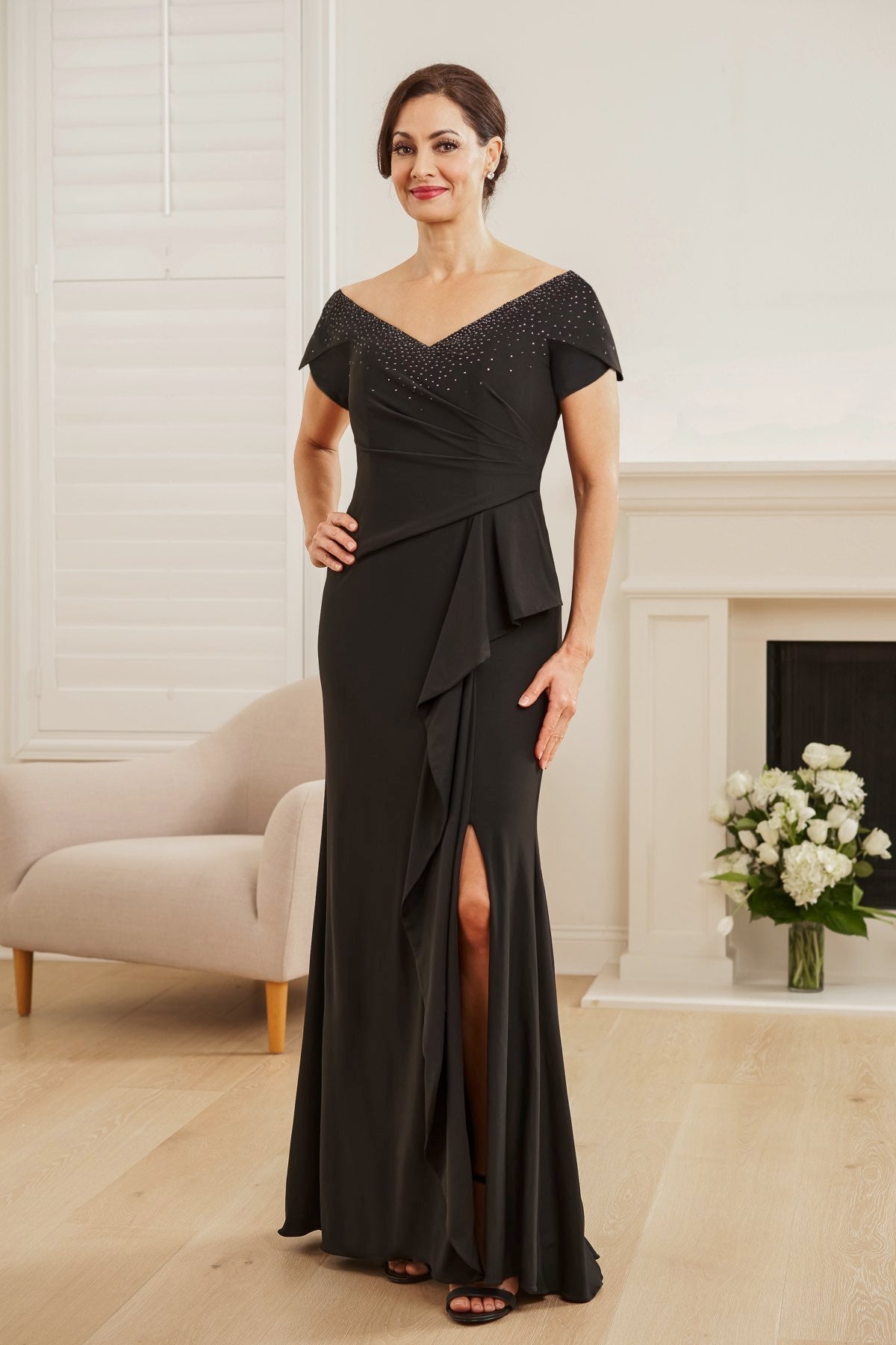 K248055 -Beautiful Matte Jersey Fit & Flare Dress with Portrait Neckline and Asymmetrical Waistline with Ruffles-999 FORMAL - MOB-FORMAL SOCIETY