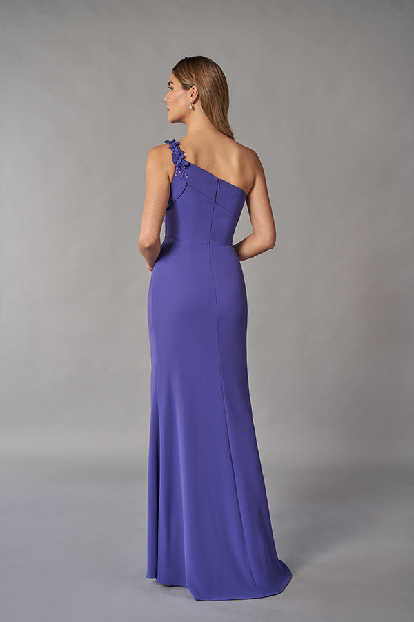 K268051 Elegant Frances Jacquard Fit and Flare Gown with Beaded One Shoulder and Folded Asymmetrical Band
