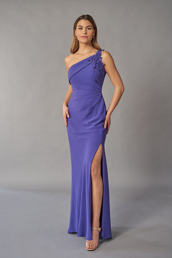 K268051 Elegant Frances Jacquard Fit and Flare Gown with Beaded One Shoulder and Folded Asymmetrical Band