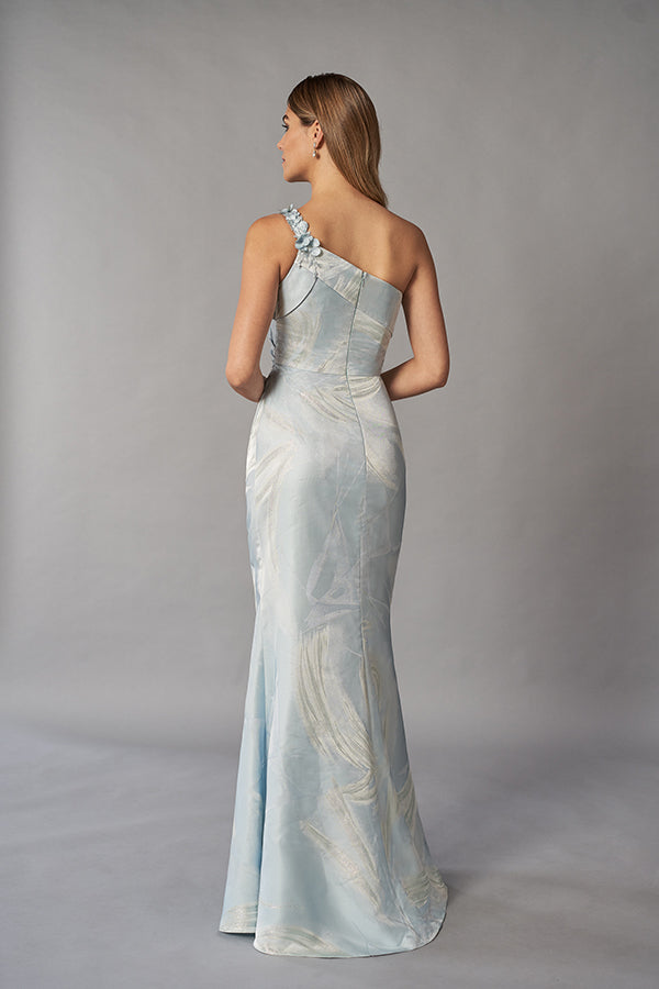 K268051 Elegant Frances Jacquard Fit and Flare Gown with Beaded One Shoulder and Folded Asymmetrical Band