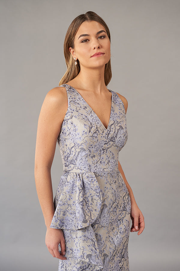 K268052 Stylish Florence Jacquard Fit and Flare Gown with Plunging V-Neckline and Fashion Forward Side Peplum