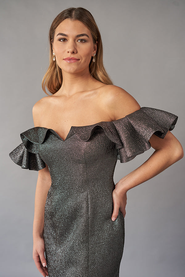K268053 Gorgeous Fanny Metallic Jacquard Fit and Flare Gown with Off-The-Shoulder Ruffle Sleeves and Front V-Notch