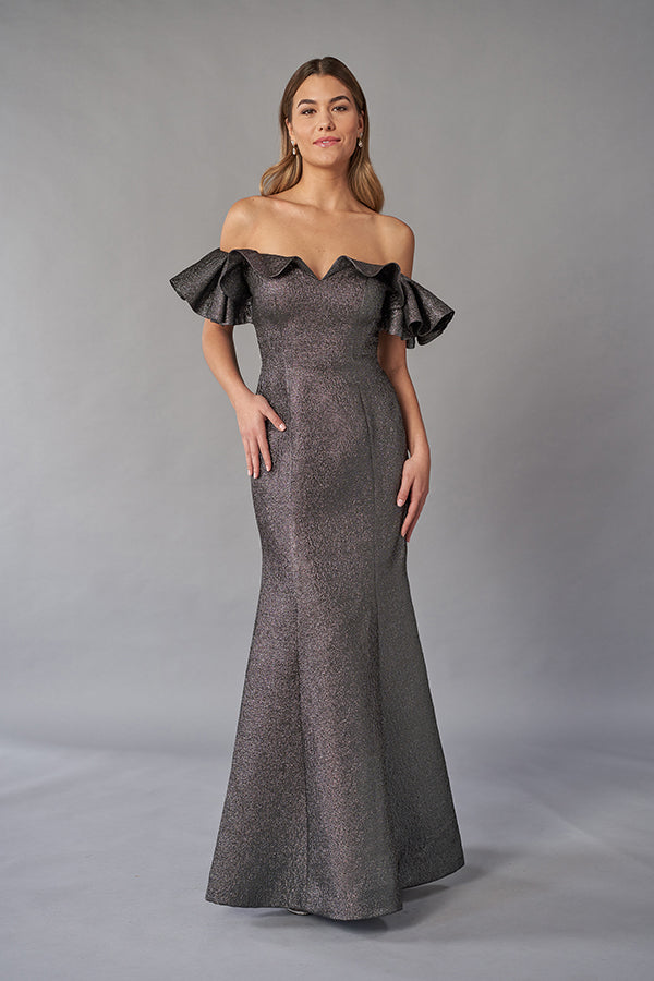 K268053 Gorgeous Fanny Metallic Jacquard Fit and Flare Gown with Off-The-Shoulder Ruffle Sleeves and Front V-Notch