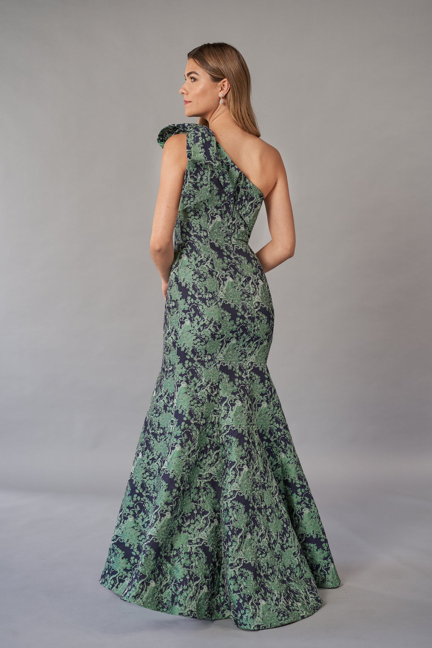 K268054 Chic Florence Jacquard Fit and Flare Gown with One Shoulder Neckline and Stylish Bow