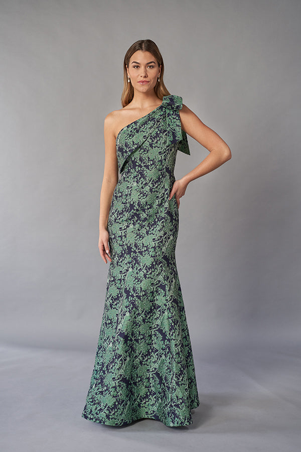 K268054 Chic Florence Jacquard Fit and Flare Gown with One Shoulder Neckline and Stylish Bow