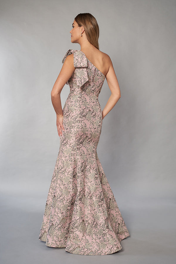 K268054 Chic Florence Jacquard Fit and Flare Gown with One Shoulder Neckline and Stylish Bow