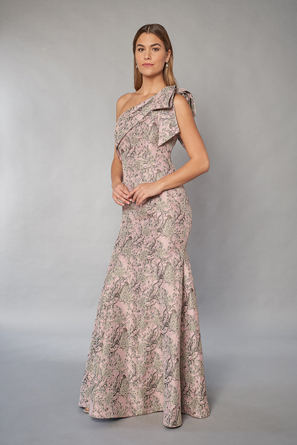 K268054 Chic Florence Jacquard Fit and Flare Gown with One Shoulder Neckline and Stylish Bow