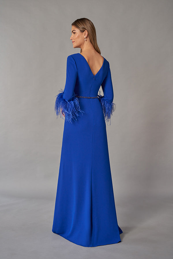 K268055 Exciting Soft Stretch Crepe A-line Gown with Feather Sleeves and High-Low Hemline