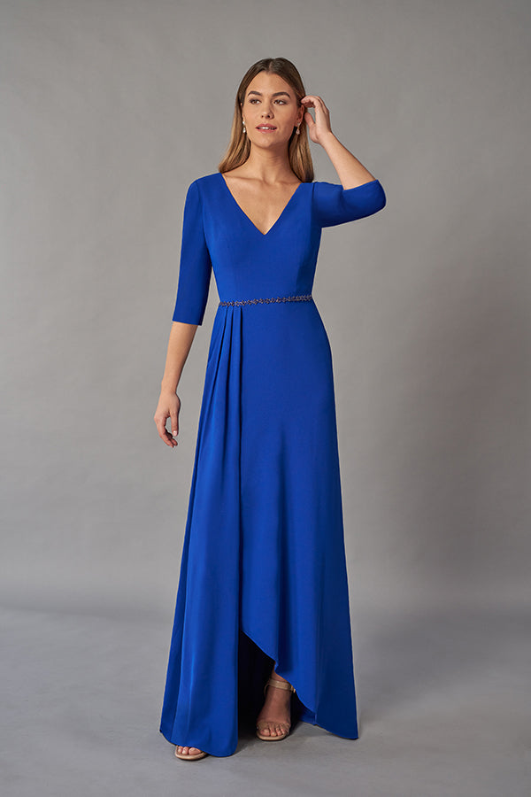 K268055 Exciting Soft Stretch Crepe A-line Gown with Feather Sleeves and High-Low Hemline