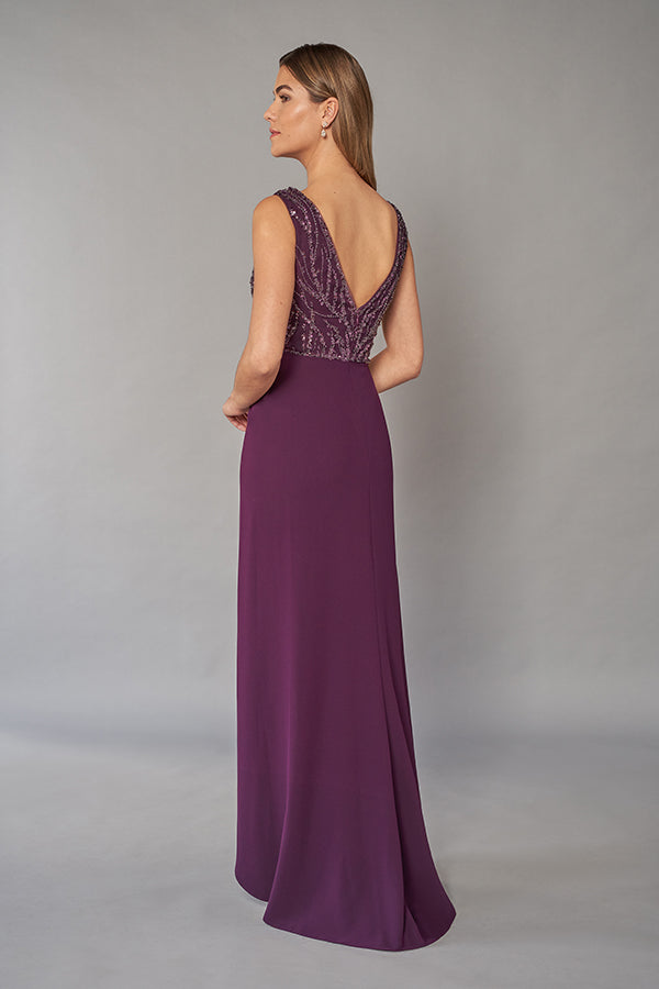K268059 Stylish Sequin and Soft Crepe Gown with V-neckline and High-Low Skirt