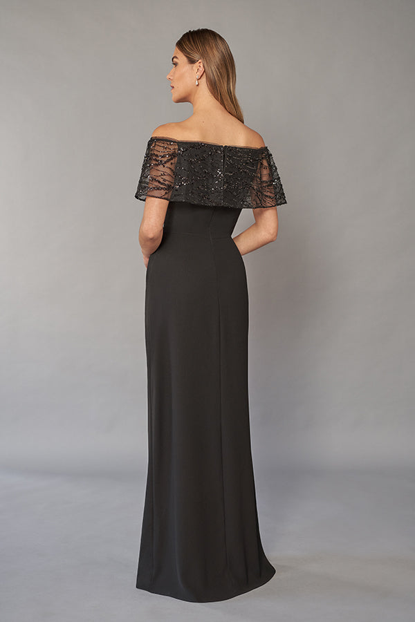 K268060 Impressive Sequin Lace and Soft Crepe Gown with Sparkly Portrait Neckline and Slimming Skirt
