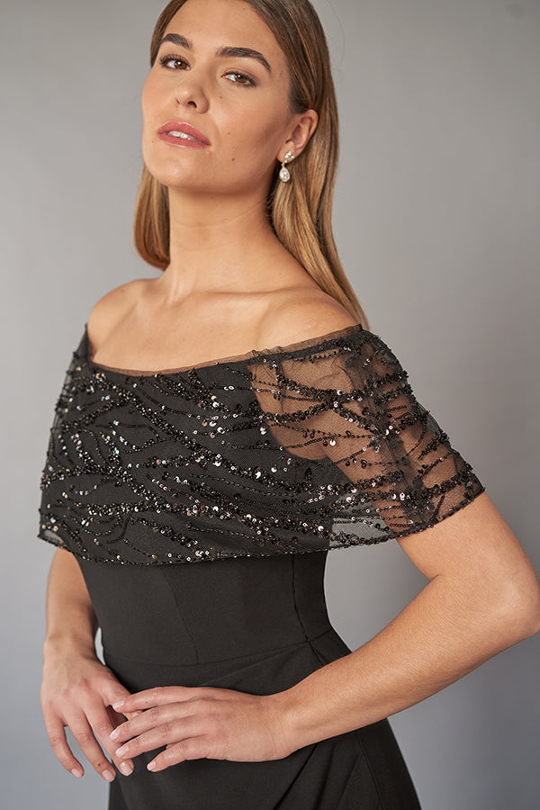 K268060 Impressive Sequin Lace and Soft Crepe Gown with Sparkly Portrait Neckline and Slimming Skirt