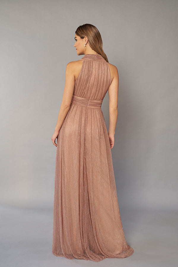 K268062 Dreamy Metallic Pleated Chiffon Gown with Plunging V-Neckline and Wide Waistband