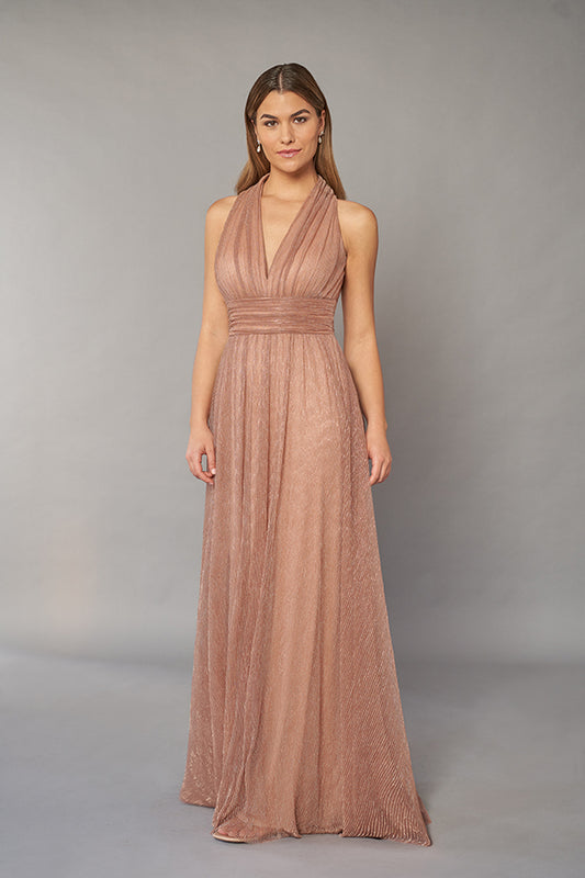 K268062 Dreamy Metallic Pleated Chiffon Gown with Plunging V-Neckline and Wide Waistband