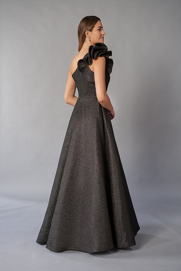 K268063 Dramatic Metallic Jacquard Ball Gown with Ruffle Shoulder Detail and Pockets