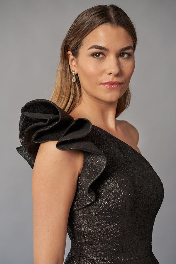 K268063 Dramatic Metallic Jacquard Ball Gown with Ruffle Shoulder Detail and Pockets