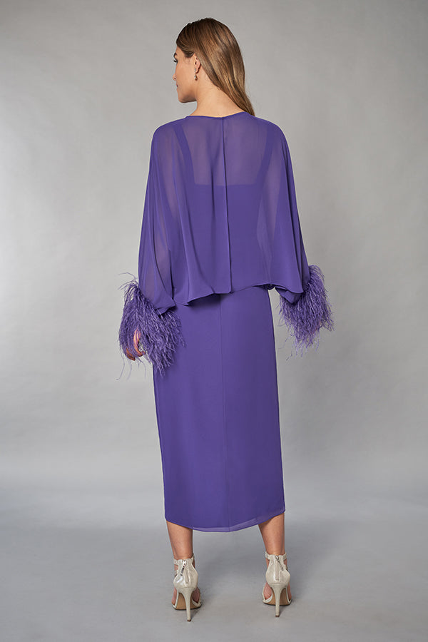 K268065 Versatile Sheath Gown with Feathered Jacket and Tulip-Shaped Skirt