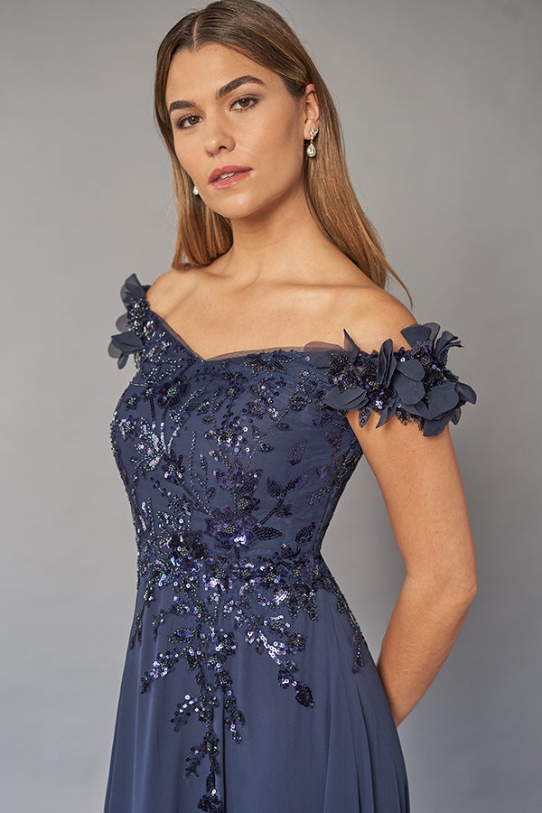 K268066 Glamorous Sequin Lace and Chiffon A-line Gown with Off-the-Shoulder Portrait Neckline and Flower Accents