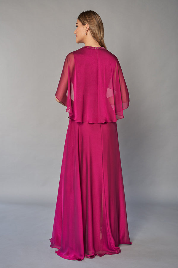 K268068 Elegant Chiffon A-line Gown with Hand-Beaded Jewel Neckline and Flowing Caplet