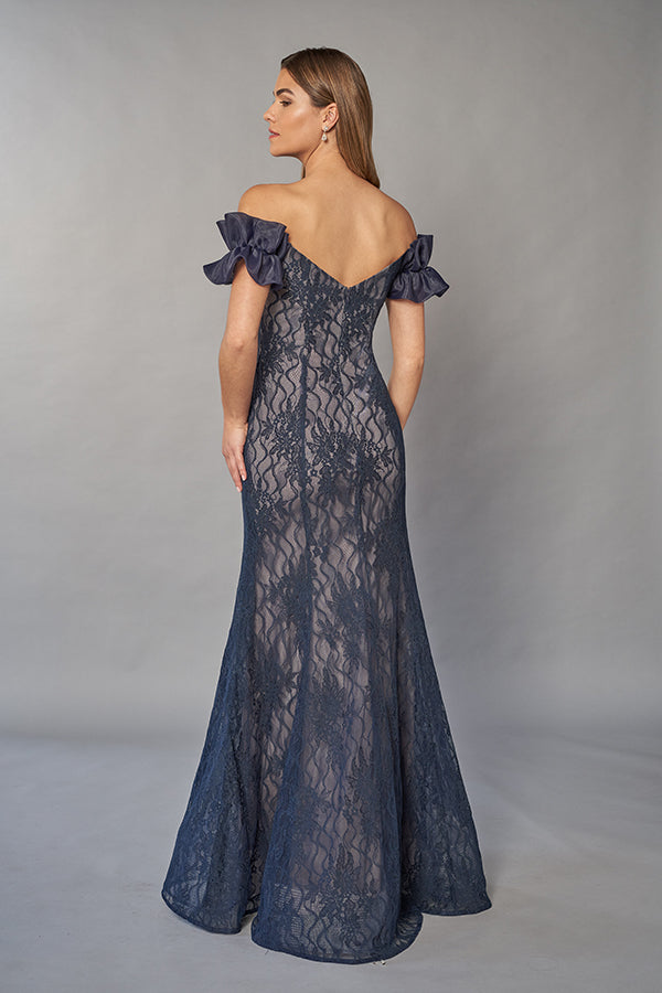 K268070 Stunning Lace Mermaid Gown with Portrait Neckline and Gathered Ruffled Sleeves