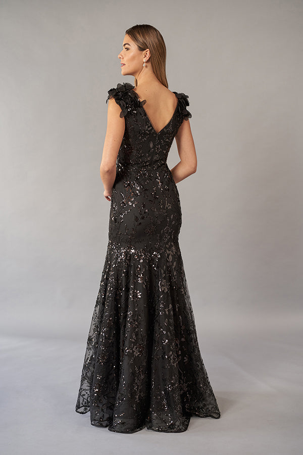 K268072 Sequin Lace Mermaid Gown with Plunging Neckline Accented with 3D Flowers and Beading