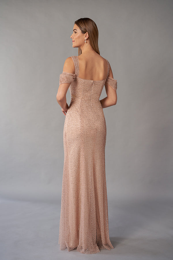 K268074 All Over Beaded Sequin Lace Fit and Flare Gown with Cowl Neckline and Off-the-Shoulder Draped Sleeves Paired with Wide Shoulder Straps