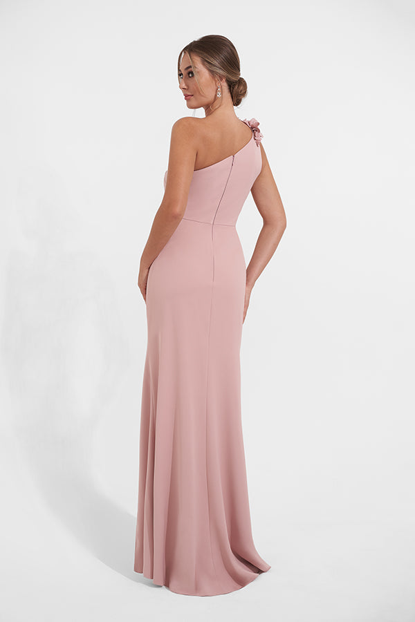 K278002 Chic Royal Crepe Fit and Flare Gown with One Shoulder Design and Decorative 3D Flowers