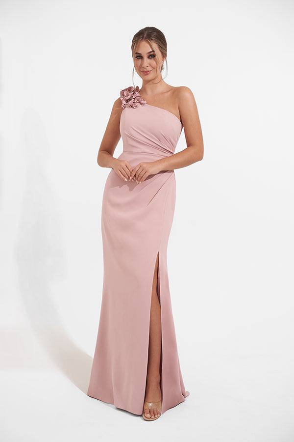 K278002 Chic Royal Crepe Fit and Flare Gown with One Shoulder Design and Decorative 3D Flowers