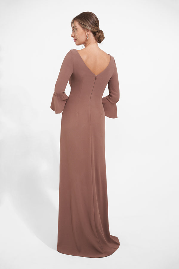 K278004 Sophisitcated Fit and Flare Soft Stretch Crepe Gown with Boat Neckline and Bell Sleeves