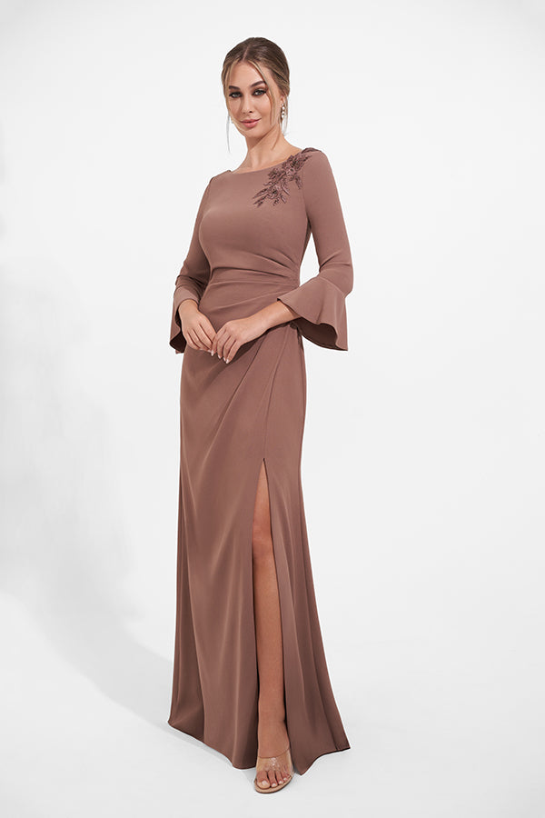 K278004 Sophisitcated Fit and Flare Soft Stretch Crepe Gown with Boat Neckline and Bell Sleeves