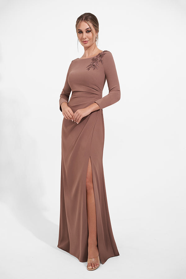 K278004 Sophisitcated Fit and Flare Soft Stretch Crepe Gown with Boat Neckline and Bell Sleeves