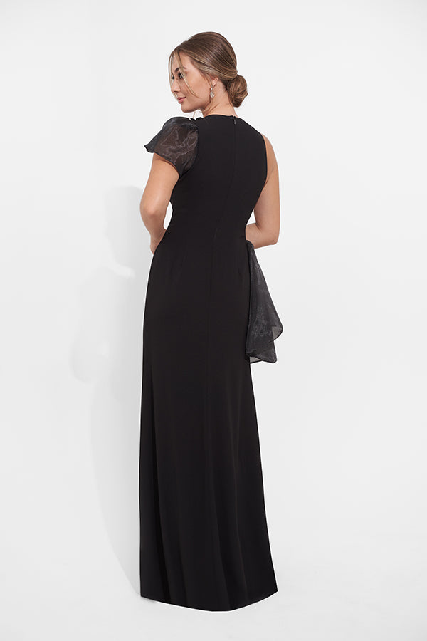 K278005 Glamourous Soft Stretch Crepe Fit and Flare Gown with Organza Ruffle Accents and 3D Flowers