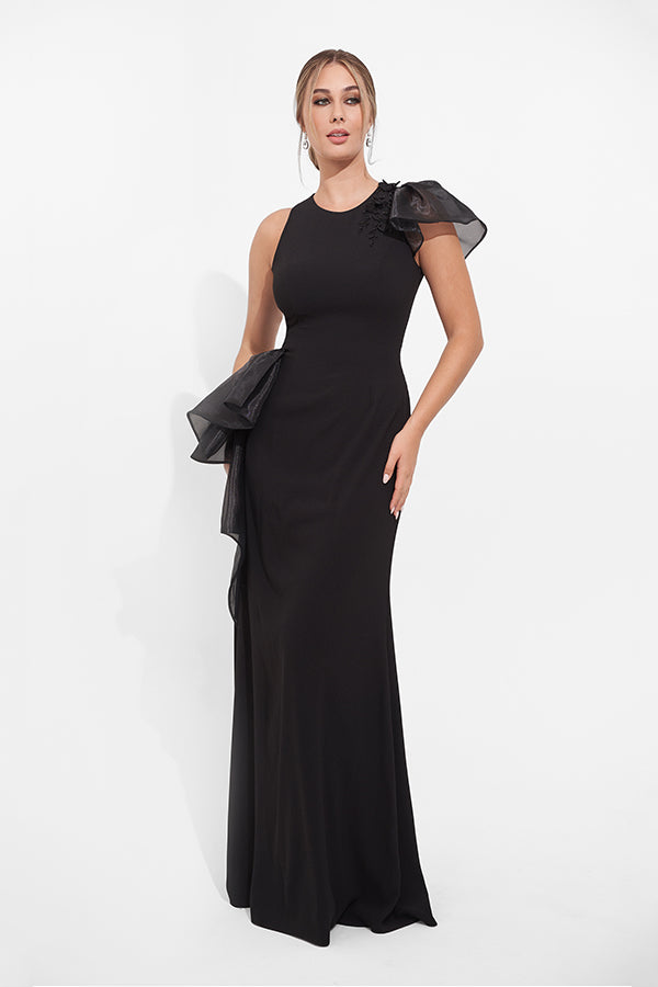 K278005 Glamourous Soft Stretch Crepe Fit and Flare Gown with Organza Ruffle Accents and 3D Flowers