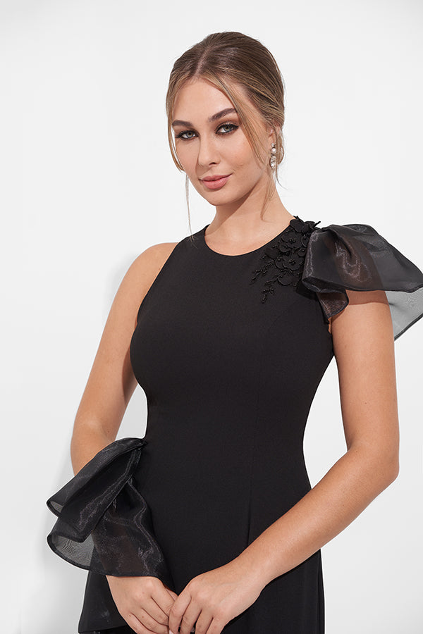 K278005 Glamourous Soft Stretch Crepe Fit and Flare Gown with Organza Ruffle Accents and 3D Flowers